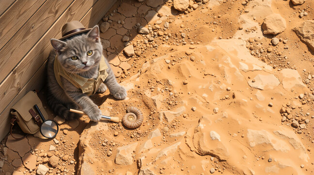 Cat archaeologist uncovering ammonite fossil in the desert. Funny feline explorer wearing safari hat and vest. Anthropomorphic pet science and discovery concept. Copy space for text