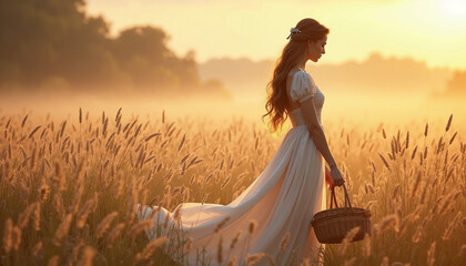 Obraz premium Woman in white dress walking through golden field at sunset, holding basket filled with wildflowers. This serene scene captures the beauty of nature and tranquility while embodying peaceful moments.