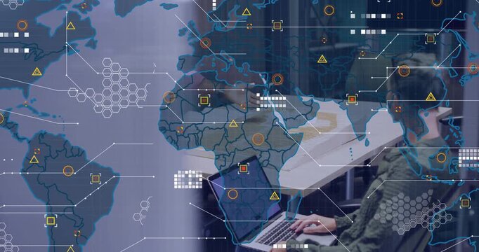 Senior man tapping device and gesturing at plans while woman typing, starting overlay for tech plan