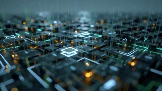 close-up animation neural network model complex LLM structure interconnected nodes, weights data flowing layers. Focus intricate circuit designs, glowing light pathways real-time AI data processing