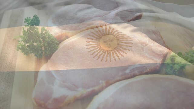 Flag overlay fading over raw meat cuts, sun emblem shifting and suggesting national branding