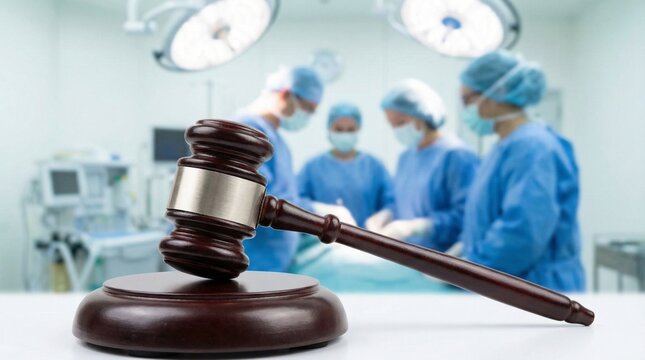 Wooden gavel in foreground with blurred surgical team in operating room, representing medical malpractice and healthcare law concept
