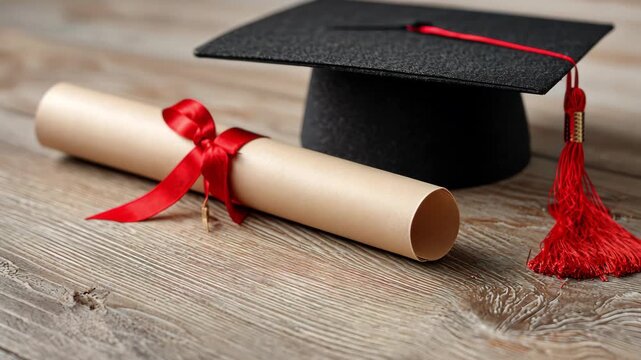 Graduation celebration with academic cap and diploma scroll on wooden surface