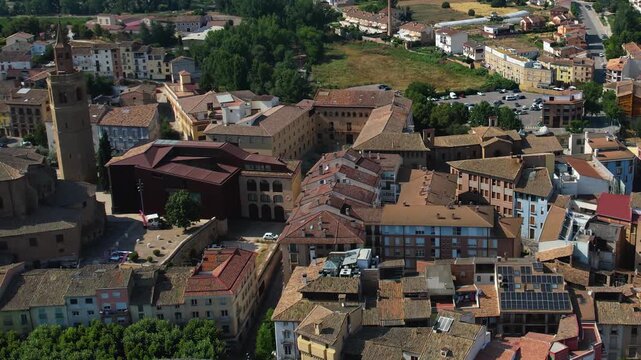 An Aerial panoramic view of the old town of the city  Barbastro on a sunny summer noon in Spain.