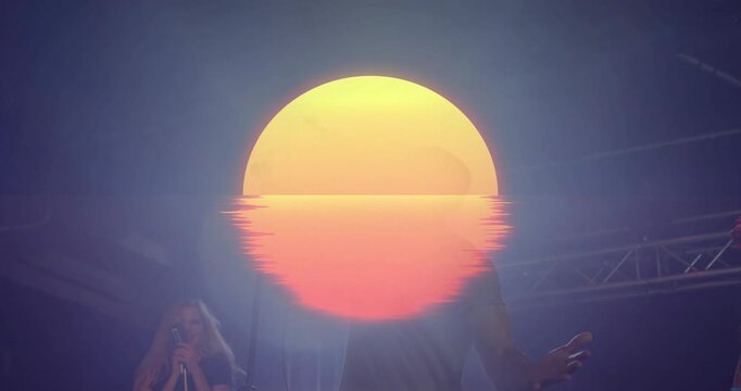 Lead male singer with mic singing, projection causing sun overlay growing shading band raising mood