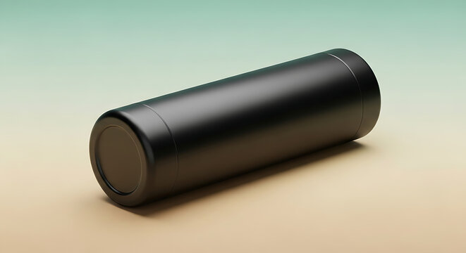 A black cylindrical object with a textured surface on a beige background