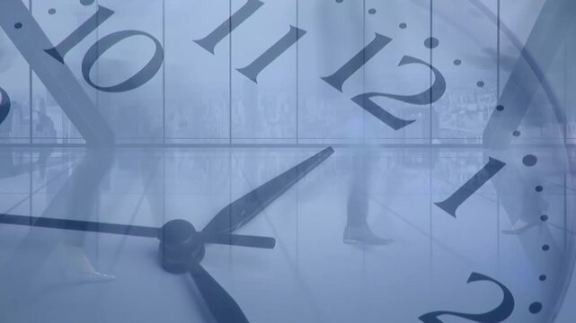 Commuters walking across transit hub while clock hands starting overlaying feet, showing time flow