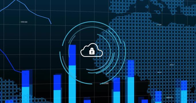 Grid loading cloud-lock centering rings pulsing bars rising dots forming map lines tracing for data
