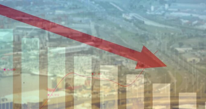 Starting bars, translucent overlay animating above aerial view, red arrow shifting, showing decline