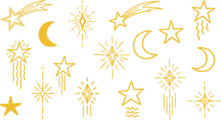 Celestial stars and crescent moon decorative elements set with mystical sparkle shapes in golden line art vector style for astrology and magic designs © REYAD