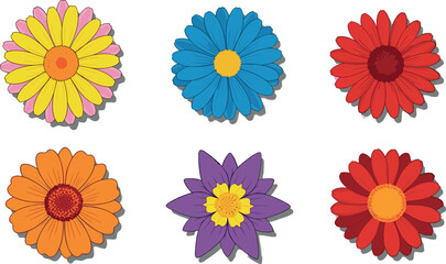 Colorful daisy and gerbera flower icons set with layered petals in bright flat vector illustration style for floral and decorative designs