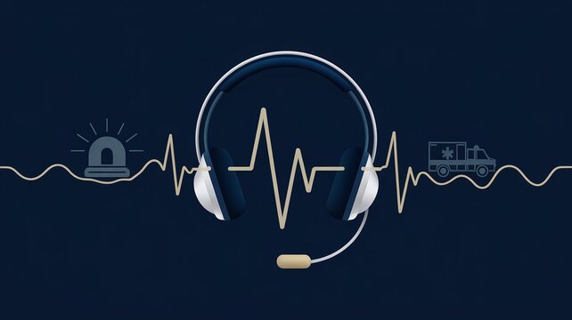 Professional Emergency Dispatcher Telecommunications Headset Icon with Heartbeat Pulse Line and Ambulance for 911 Call Center Services