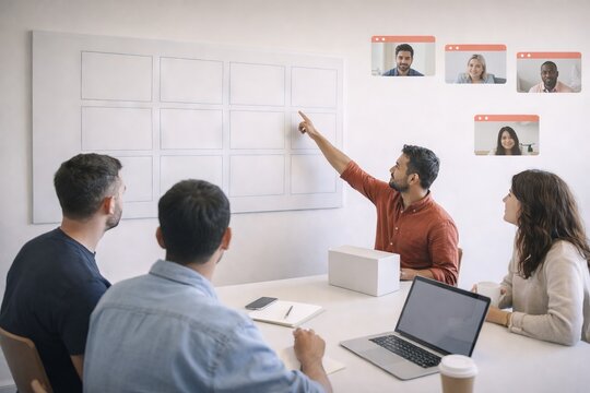 Colleagues gather around a table as one man points to a content grid on a wall, while remote participants join via video call, illustrating hybrid collaboration and project planning.