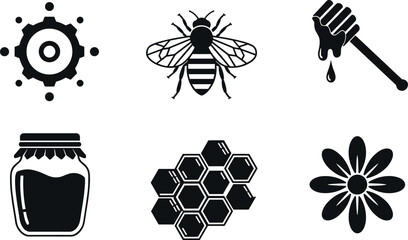 Beekeeping and honey production icons set with bee, hive cells, honey jar, dipper, flower, and gear symbols in black silhouette vector style © REYAD