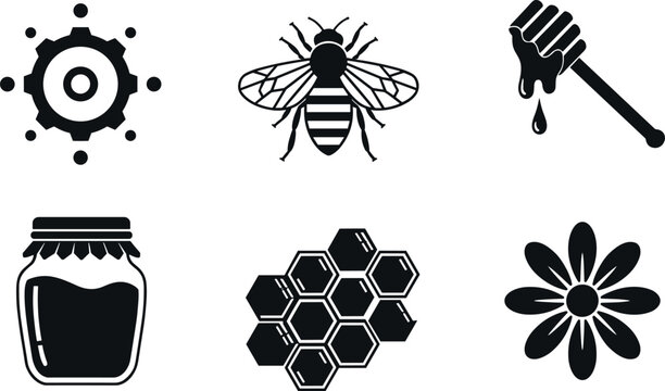 Beekeeping and honey production icons set with bee, hive cells, honey jar, dipper, flower, and gear symbols in black silhouette vector style
