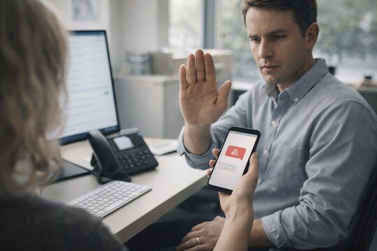 Businessman raising hand to refuse or stop while another person shows a smartphone with warning notification, illustrating digital risk, security alert or inappropriate content in workplace.