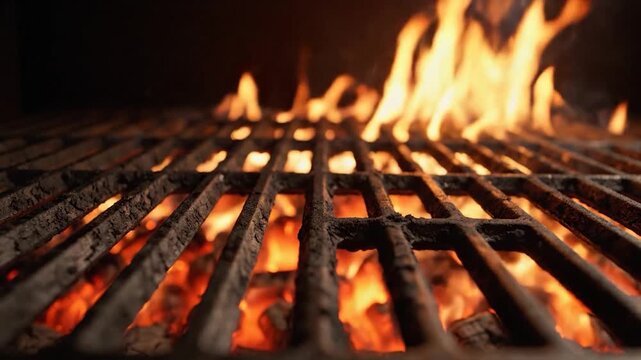 Barbecue grill with flames and grate close up