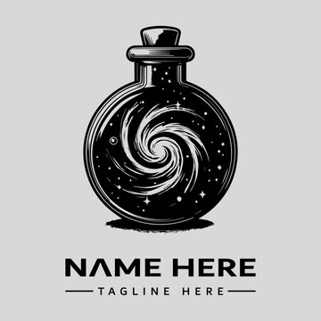 A black and white illustration of a vintage engraving-style logo featuring a swirling bottle with a starry night sky design and placeholder text on a light gray background.
