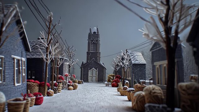 Village Winter Scene Miniature: Snow-Covered Street with Church Tower, Decorative Trees, and Holiday Decorations in Quaint Town Square