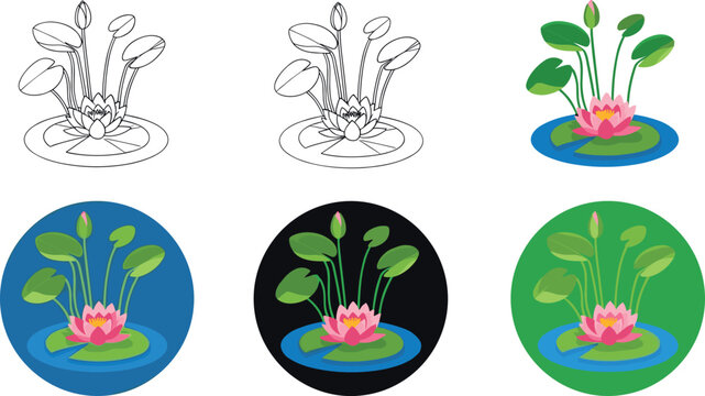 Lotus flower pond logo and icon set with water lily leaves in flat, colorful, and outline vector illustration styles