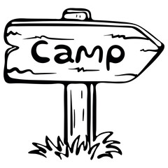 Wooden Camping Signpost with Arrow. Hand Drawn Doodle Icon.