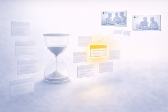 3D render of an hourglass surrounded by floating task cards, with a highlighted digital window connected to online collaboration, symbolizing deadline management, productivity, and remote workflow.