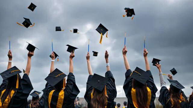 Graduates celebrate their academic achievements with caps flying in the air.