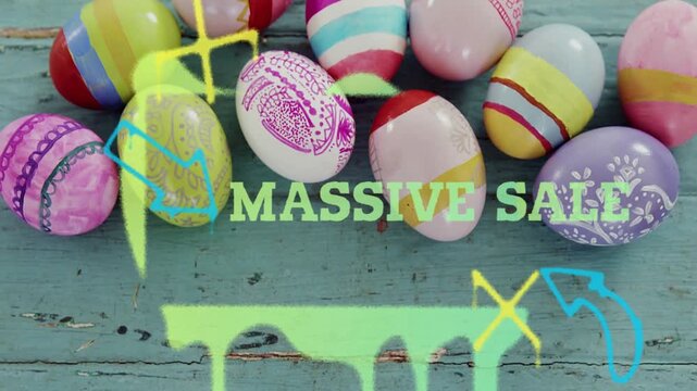 Green brush stroke sweeping down expanding dripping revealing MASSIVE SALE eggs doodles framing