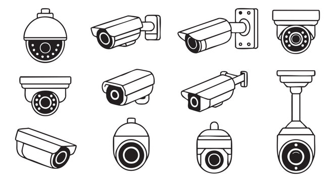 Set of cctv cameras icons isolated vector illustration video observation system line art style
