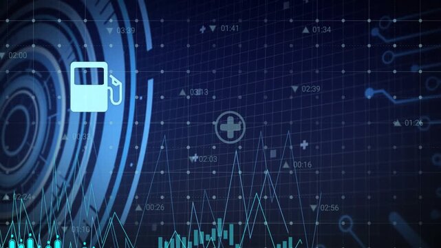 Data dashboard responding to timestamp pulse, revealing icons, animating charts, showing IoT data