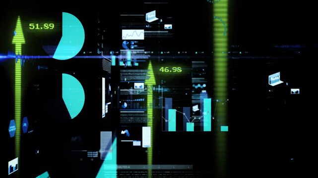 Green arrow lighting starting data stack unfolding, charts moving, numbers changing, showing trends