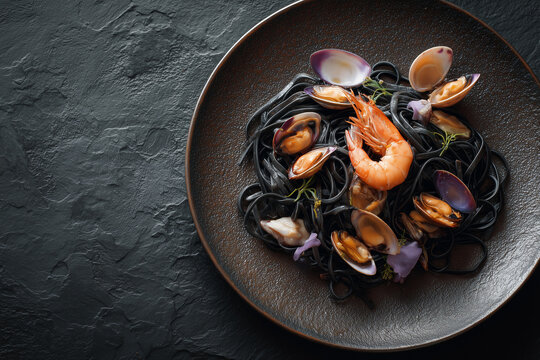 Nero di seppia black ink pasta with clams and prawns for haute cuisine seafood restaurant menu and luxury dining