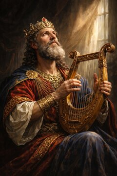 Biblical King David playing lyre in rays of light near window, ceremonial historical portrait of king of Israel, religious atmosphere of worship, inspiration and psalms