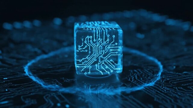A futuristic video showcasing a glowing blue cube with circuit board patterns in a dark technological environment