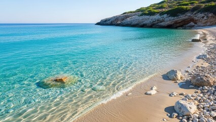 Obraz premium A serene beach with clear turquoise water and rocky shoreline