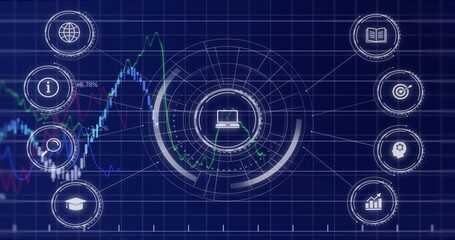 Obraz premium Displaying central HUD showing concentric rings, radial connectors and laptop icon on dashboard