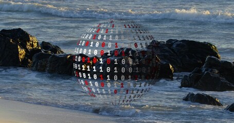 Naklejka premium Hovering binary sphere showing white and red digits above beach rocks, wet sand and breaking waves