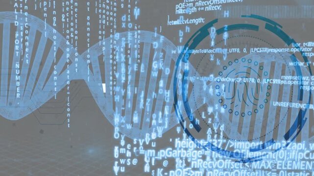 Double-helix being scanned by biometric HUD emerging, rings rotating, code flowing to analyze DNA