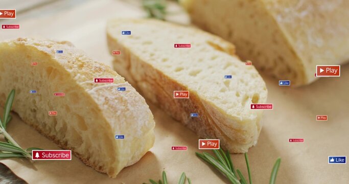 Displaying 3 crusty bread slices revealing open crumb on parchment, rosemary, digital icons