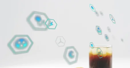 Fotobehang Koekjes Showing glass holding iced coffee, amber-top, cookie, teal hexagons on studio tabletop, copy space  © vectorfusionart