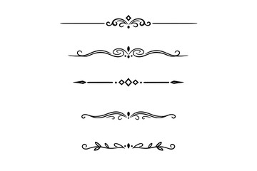 Fototapeta premium A collection of five elegant white decorative dividers and borders featuring floral swirls, geometric diamond shapes, and minimalist line art on a solid black background.