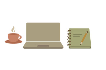 A minimalist flat illustration of a workspace featuring a steaming cup of coffee, an open laptop, and a spiral notebook with a pencil, all set against a solid black background.
