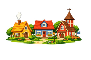 Naklejka premium A vibrant cartoon illustration of three colorful houses in a village, featuring a yellow cottage with smoke, a blue home, and a red building with a tower, surrounded by lush greenery.