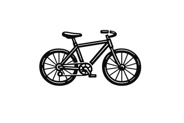 A black and white line art illustration of a classic bicycle featuring a simple frame, two spoked wheels, handlebars, a seat, and pedals, isolated on a plain white background.