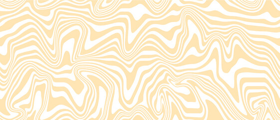 Vector seamless pattern with a liquid paint effect in beige and white stripes. Wavy psychedelic background of moving liquid. Modern background with zebra print. Y2k 1970s marbled style