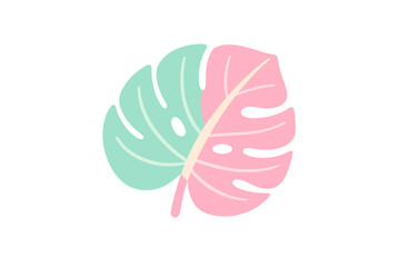 A stylized monstera deliciosa leaf illustration featuring a split color design of mint green and pink with cream veins, isolated against a solid black background for a modern look.