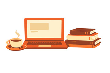 A flat design illustration featuring an orange laptop, a stack of books, and a steaming cup of coffee on a saucer. The warm color palette creates a cozy workspace or study atmosphere.