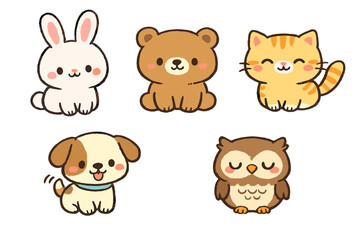 A collection of five cute cartoon animals including a rabbit, bear, cat, dog, and owl, illustrated in a kawaii style with soft colors and thick outlines against a black background.