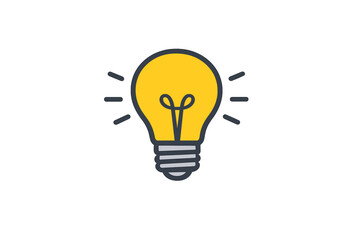 A flat design illustration of a glowing yellow light bulb with radiating lines on a solid black background. This graphic represents ideas, creativity, and innovation in a simple style.