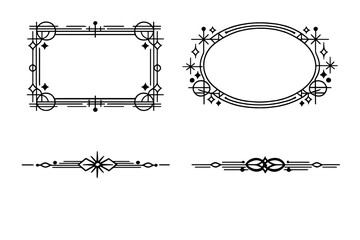 Set of four black vector design elements featuring rectangular and oval frames along with horizontal dividers, all showcasing geometric and celestial line art on a white background.